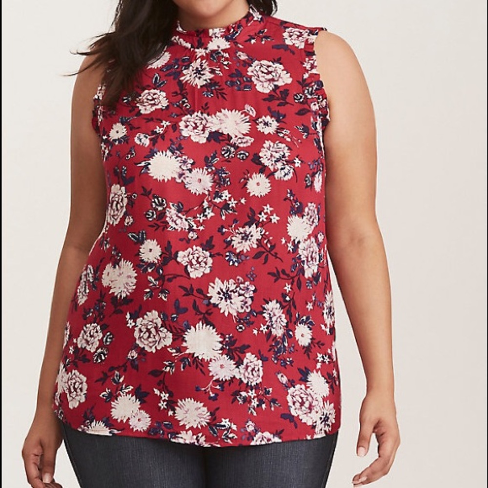 Torrid red FLORAL MOCK NECK RUFFLE TRIM